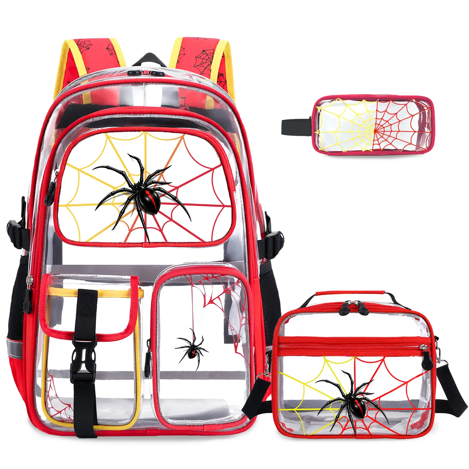 [Auction Only-S3] SIMILOVE Spider Web Clear Backpack for Boys with Kids Headphones, 4PCS Luminous Heavy Duty PVC School Bag Set with Lunch Bag & Pencil Case, Waterproof Transparent Bookbag for School, Travel, Stadium,sohochic