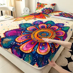 Three-piece Bohemian-style colorful flowers pattern printed fitted sheet set (1 fitted sheet + 2 pillowcases, pillow cores not included), Decorative bedsheet sets, suitable for bedrooms or guest rooms