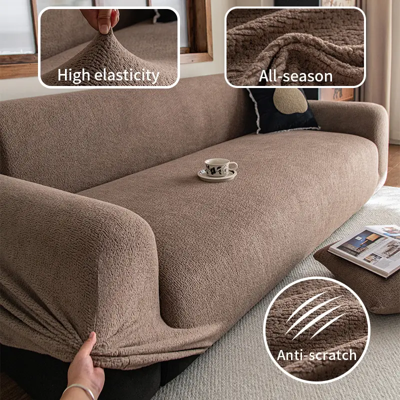 High Elasticity Plain Color Fleece Sofa Cover, Removable Washable Pet-Friendly Sofa Protector, All-In-One Sofa Decor, Includes One Free Gift, Soft Sof
