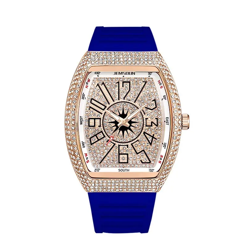 Men's Iced Out Tonneau Watch, Luxury Rhinestone Encrusted Quartz Wristwatch with Silicone Band, Hip Hop Fashion Casual Timepiece for Men