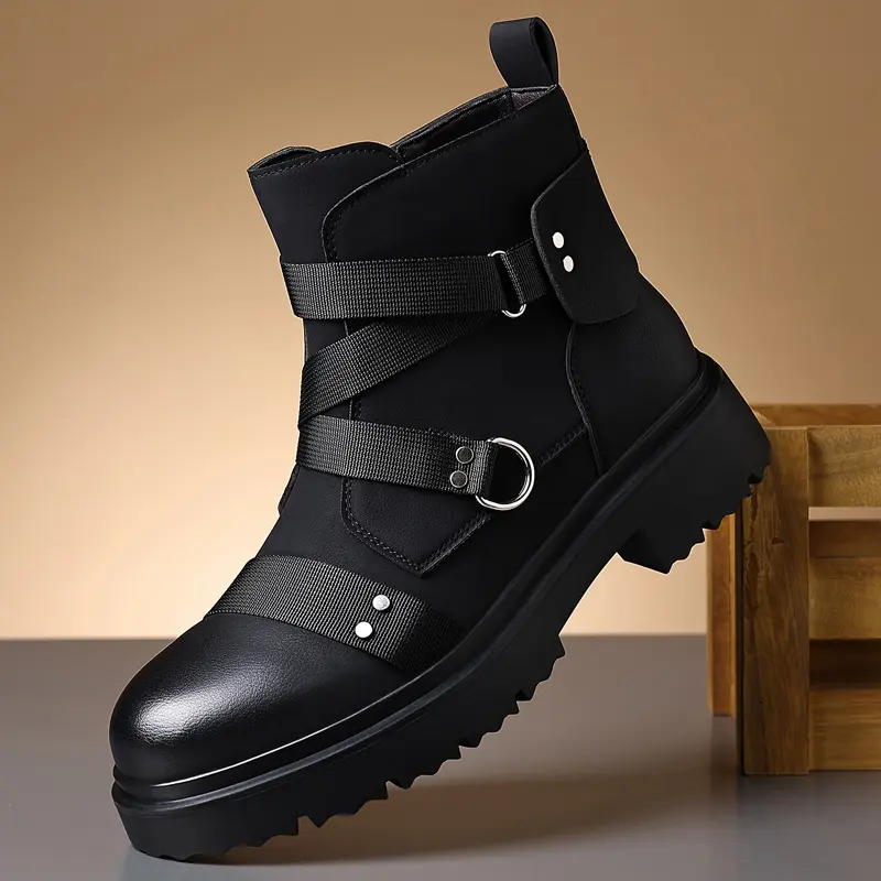 Men’s thick-soled motorcycle boots with buckle closure, mid-calf workwear casual everyday boots, height-increasing non-slip outdoor commuting boots, black/brown two-tone versatile stylish autumn men’s boots