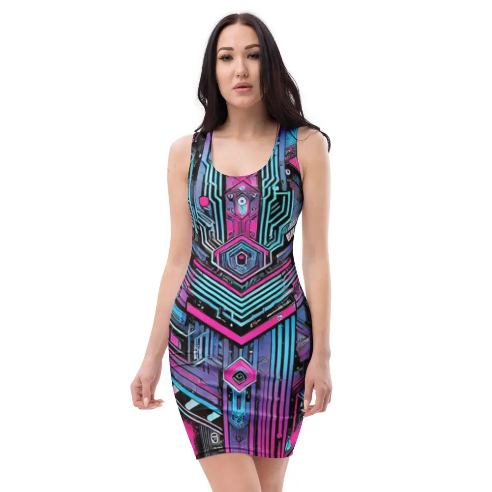 Cyberpunk Glitch Bodycon Dress, Neon Techwear Rave Outfit, Futuristic Festival Clothing, Sci-Fi EDM Partywear, Streetwear Dress Casual Fabric Womenswear Comfortable