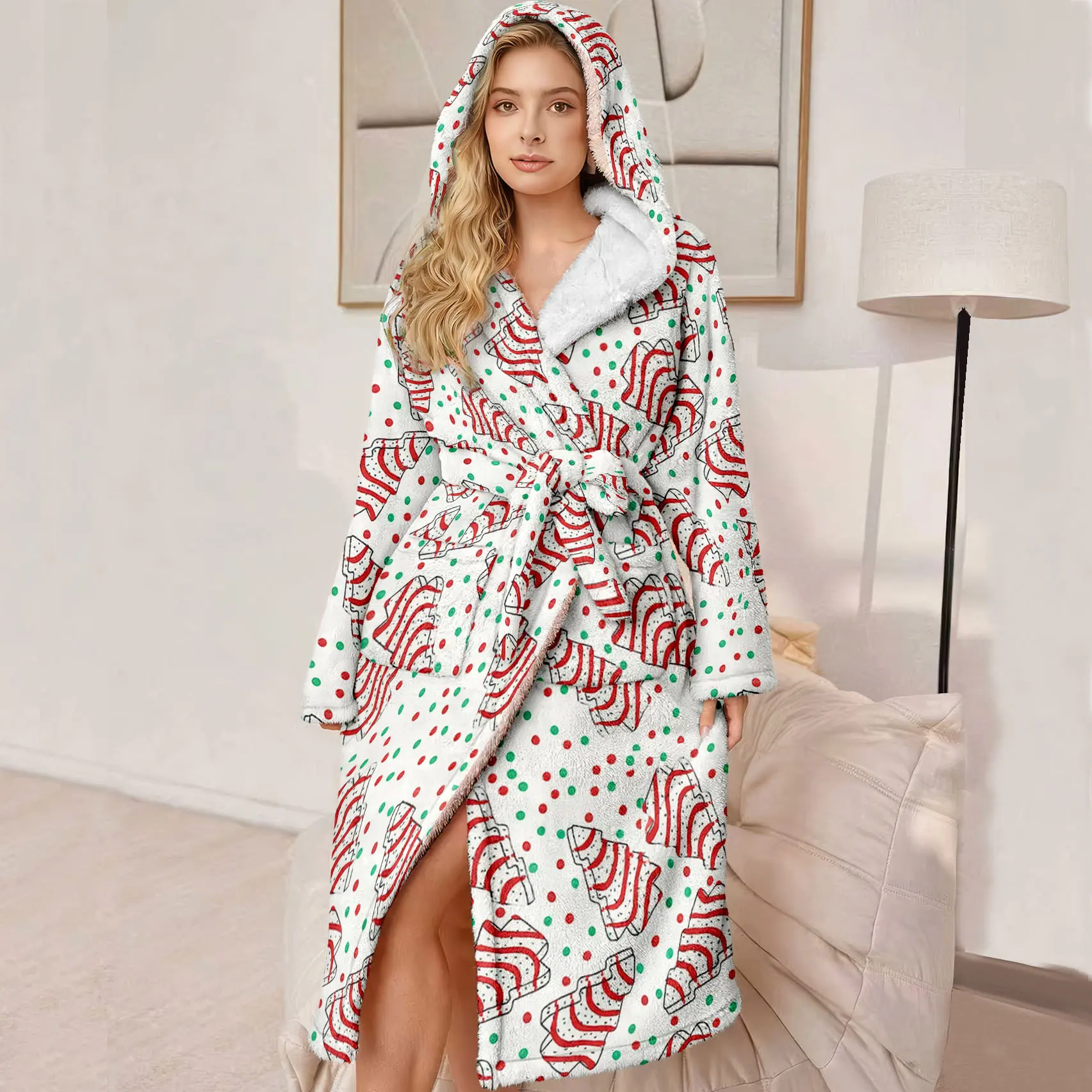 Plus Size Bathrobe, Hooded Luxury Bathrobe, Ultra Comfortable Plush Robe with Belt and Pockets, Striped Christmas Tree Pattern, Winter Gift