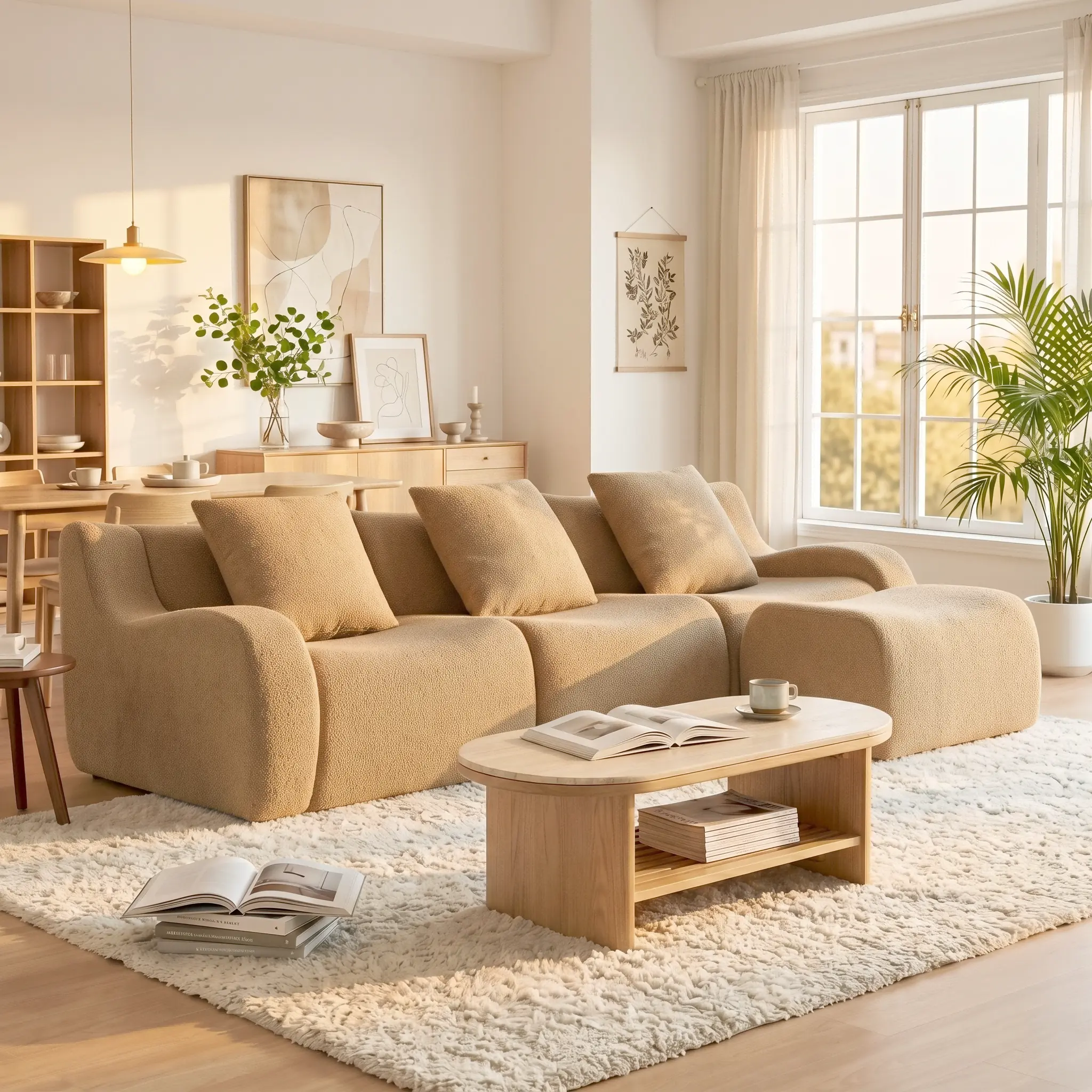 Eyisean 115.3in Modern Fabric Frameless Modular L-Shaped Sectional Sofa Couch for Adults, 3-Seater Deep Seat Cloud Sofa with Fixed Arms, Ottoman & 3 Pillows, Pre-Assembled for Living Room, Apartment