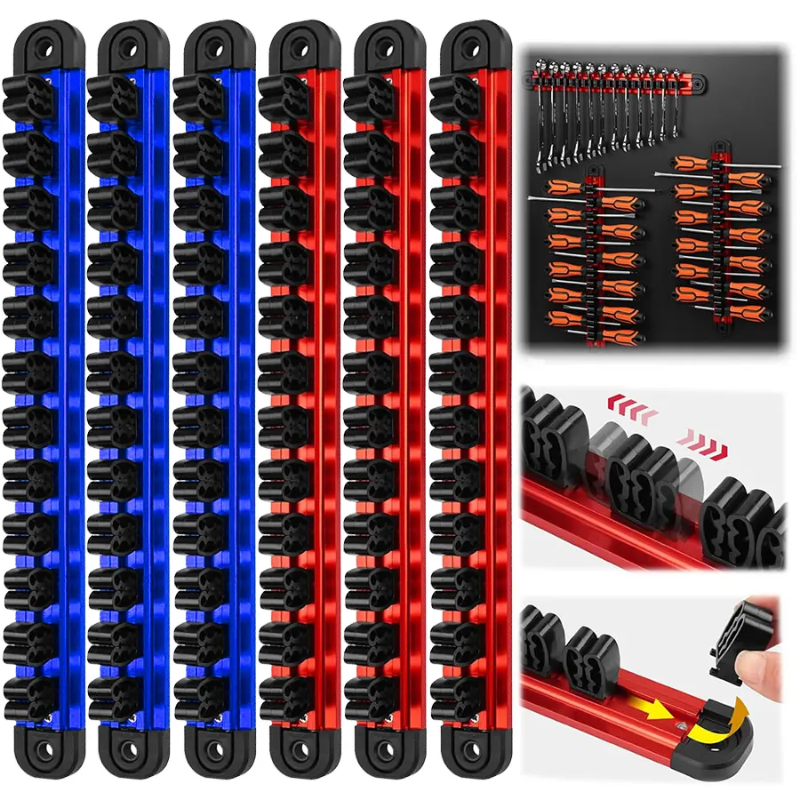 6-Piece Magnetic Screwdriver Organizer and Wrench Organizer, Magnetic Aluminum Rail Tool Organizer for Tool Box Drawer Wall-Mount Storage(Tools not Included)