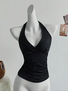 Women's Summer Fashion Sequin Halter Backless Cropped Top, Sexy Crop Top, Party, Music Festival Wear, Casual Slim-Fitting Vest