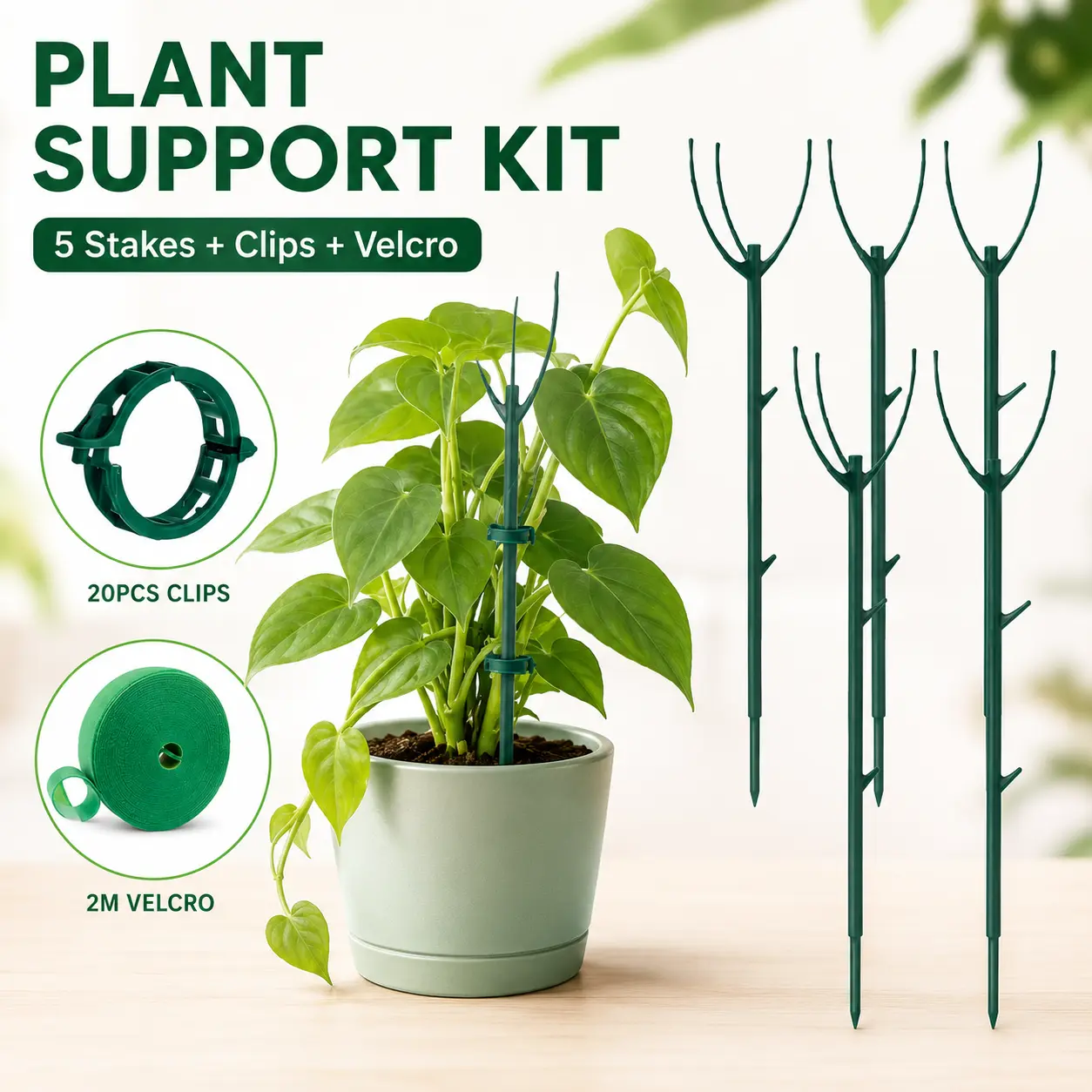 6 Pack Plant Support Stakes Stackable, Alternative to Moss Pole for Monstera & Climbing Plants, Indoor Outdoor Garden Essential Trellis, Gardening Gifts for Women - 20Pcs Clips & Ties Included