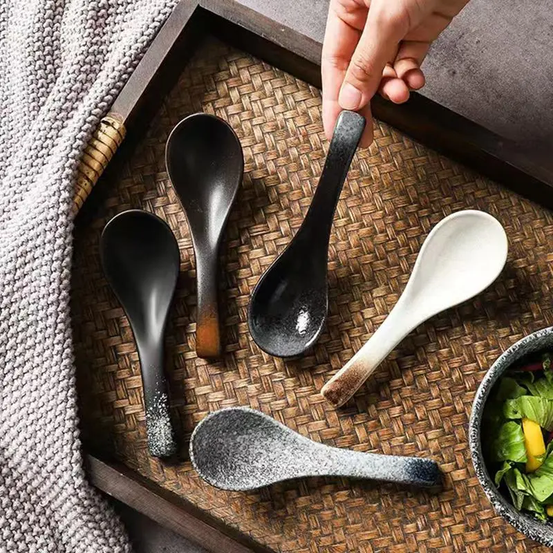 Ceramic Soup Spoon Set, 5 Counts/set Including Spoon & Fork & Spatula & Tongs & Salad Fork, Dinnerware Service Set, Multifunctional Tableware Set for Home Kitchen