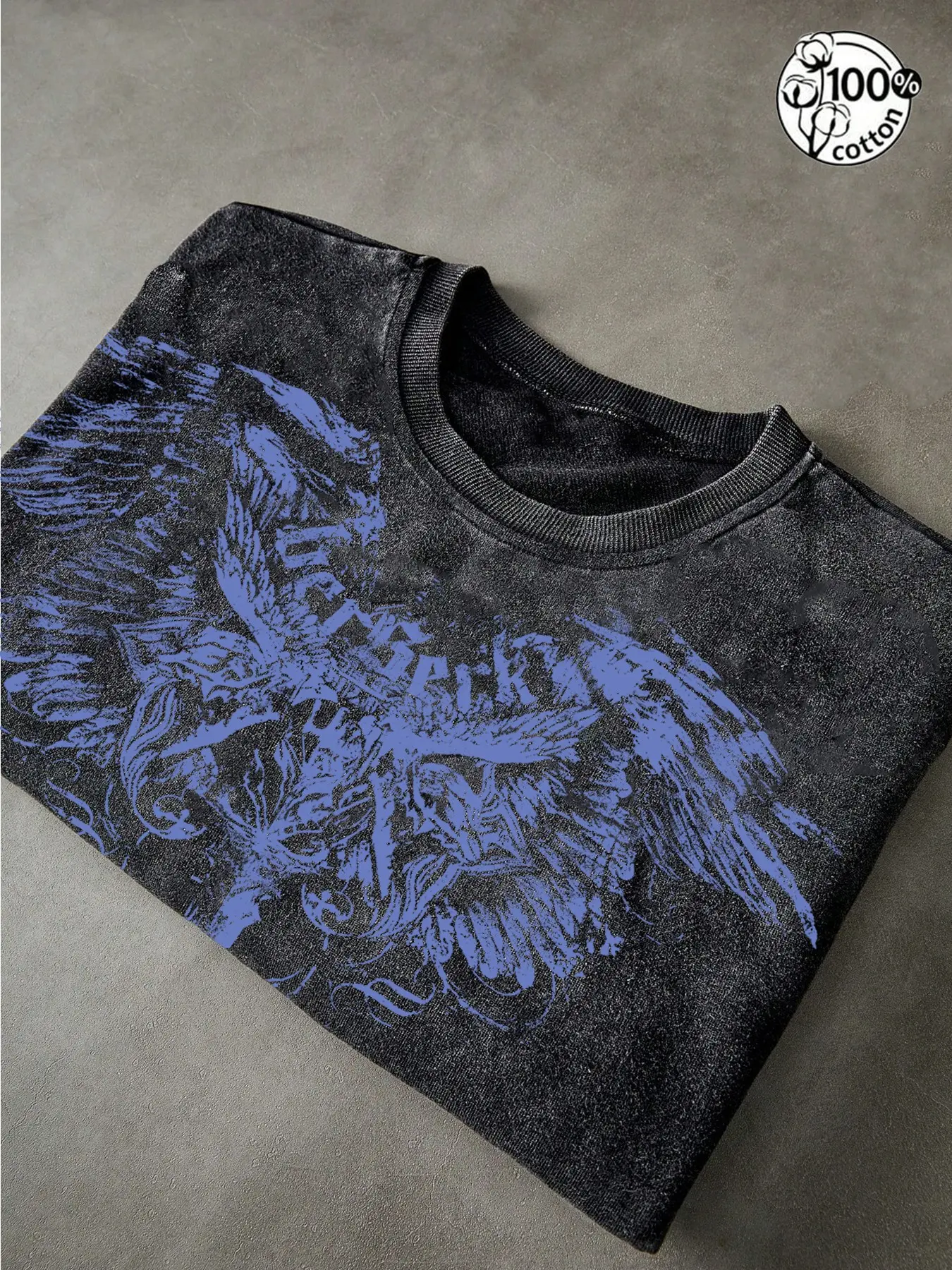 Unisex 100% Cotton Washed Vintage Blue Wing Skull Cross Print Casual Oversized T-Shirt | Y2K Gothic Dark Grunge High Street American Retro Streetwear Top