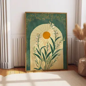 [Sale up to 50%] [Free Ship] Lily of the Valley Emerald Green Sun Art Poster Mystical Folk Art Illustration Taurus Sign Flowery Spiritual Print Botanical Boho Wall Art