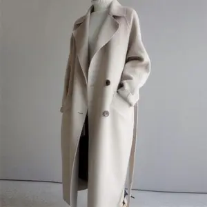 Women's Woolen Winter Coat, Chic Korean Style, Long Over-Knee Loose Fit with Waist Tie, Elegant Casual Outerwear Cold Weather