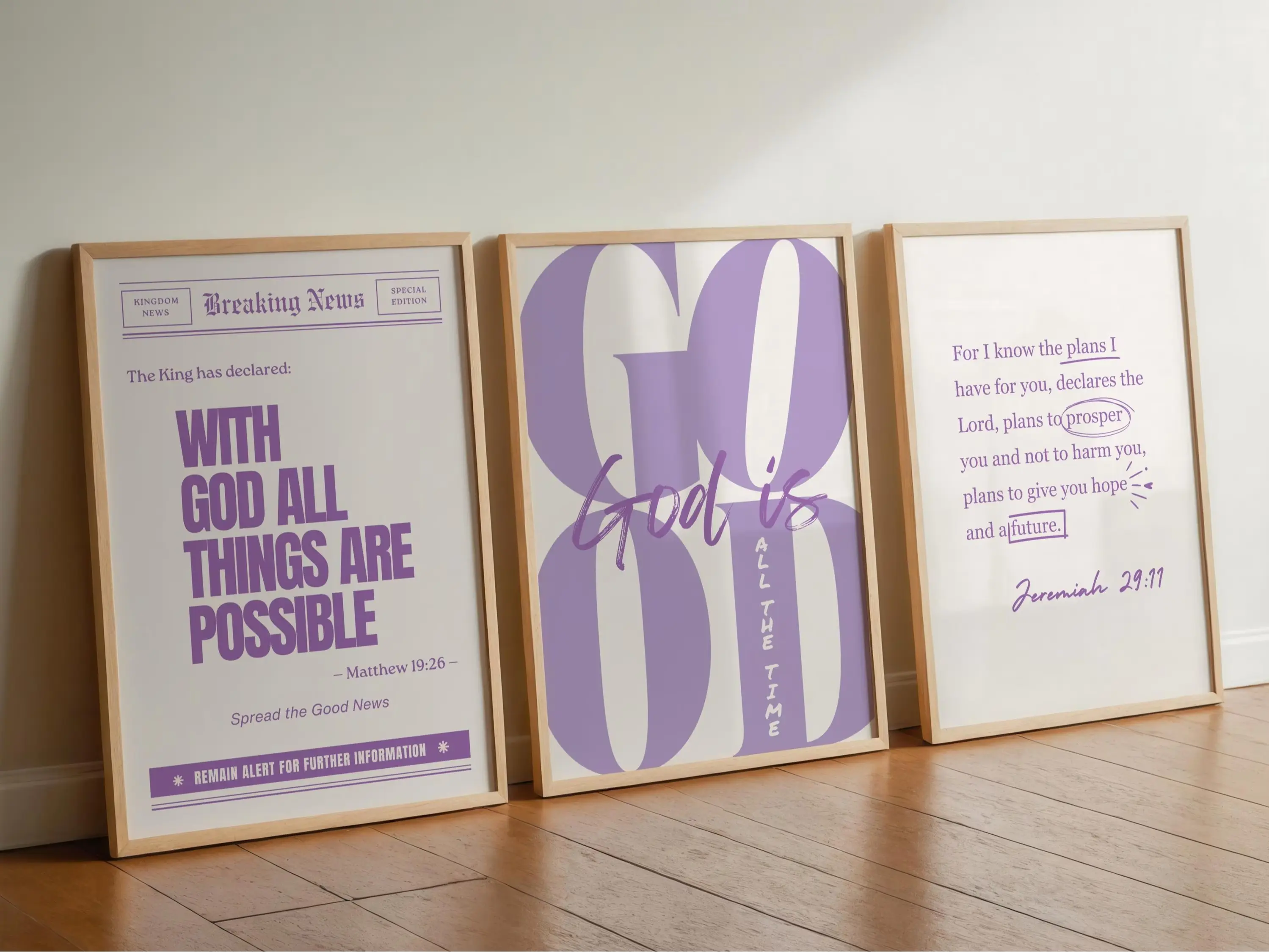 Set of 3 Purple Girly Christian Poster Unframed Lavender God is Good All The Time Print Jeremiah 29 11 Wall Art With God all Things Are