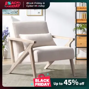 [TikTokShopBlackFriday]Hertford Mid Century Modern Chair with Wood Frame, Upholstered Armchair with Waist Cushion, Accent Chair for Living Room Bedroom Apartment, Easy Assembly, Beige