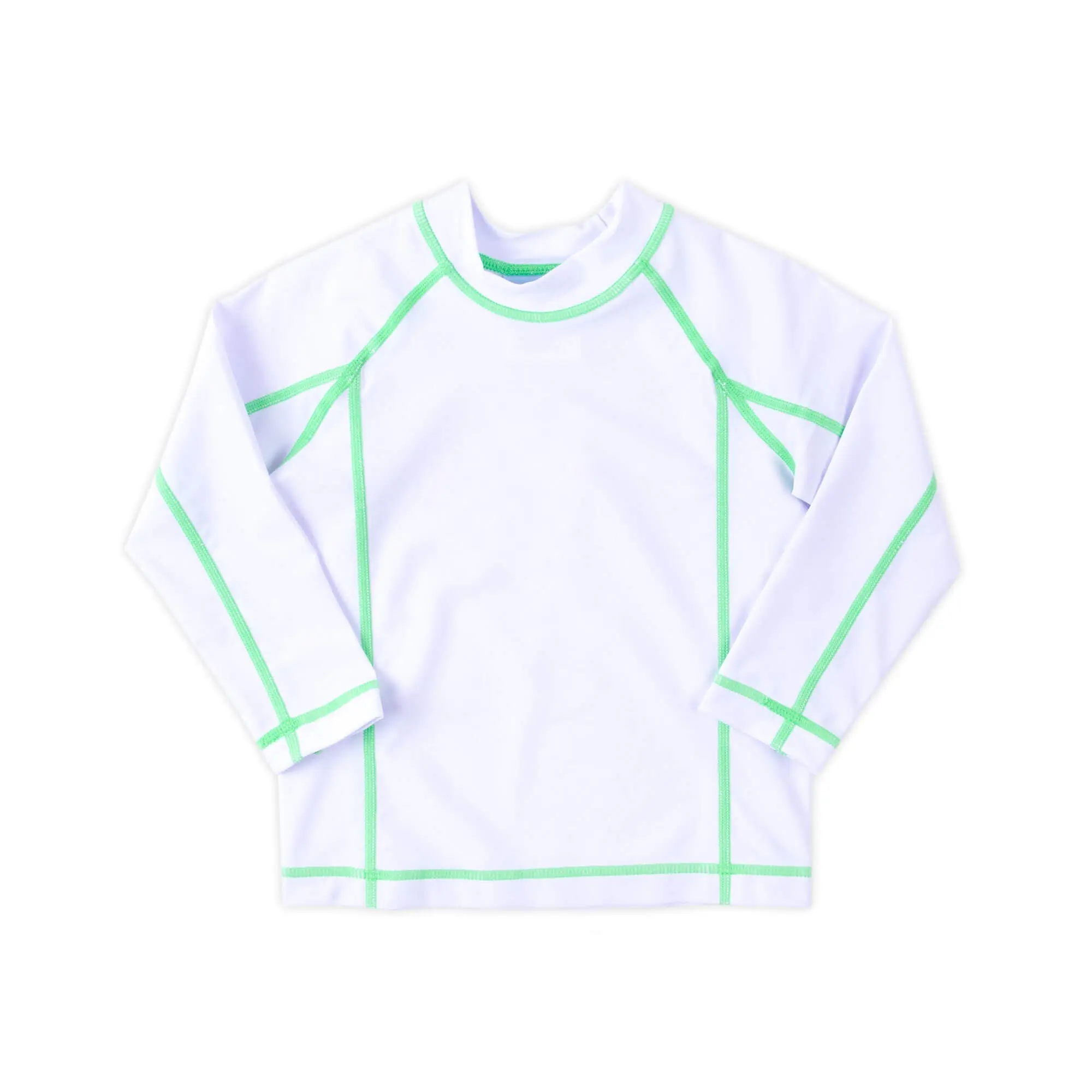 Santorini White Rash Guard with Green Trim - Boys Swim Shirt with Sun Protection