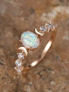 Elegant Rose Golden-Tone Synthetic Opal Ring with Moon & Star Design - Perfect for Weddings, Engagements, and Daily Wear, Daily Wear Ring|Vintageinspired Ring|Synthetic Opal Ring, Fashion Engagement Rings, Elegant Glittering Ring, Vintage Bridal Ring