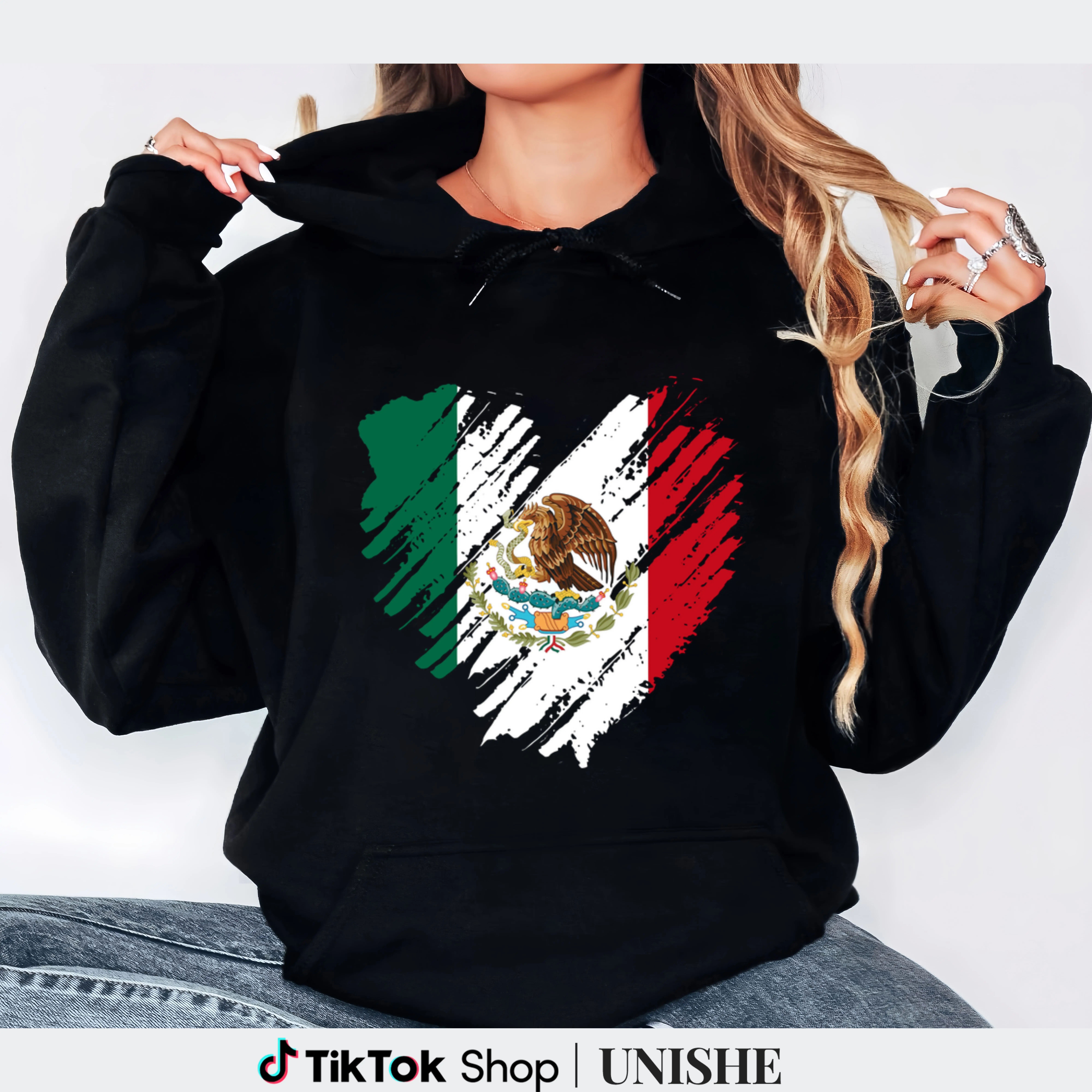 Long Sleeve Hoodie with Mexico City Heart Flag Design – 100% Mexico Fabric Womenswear Prints Straight