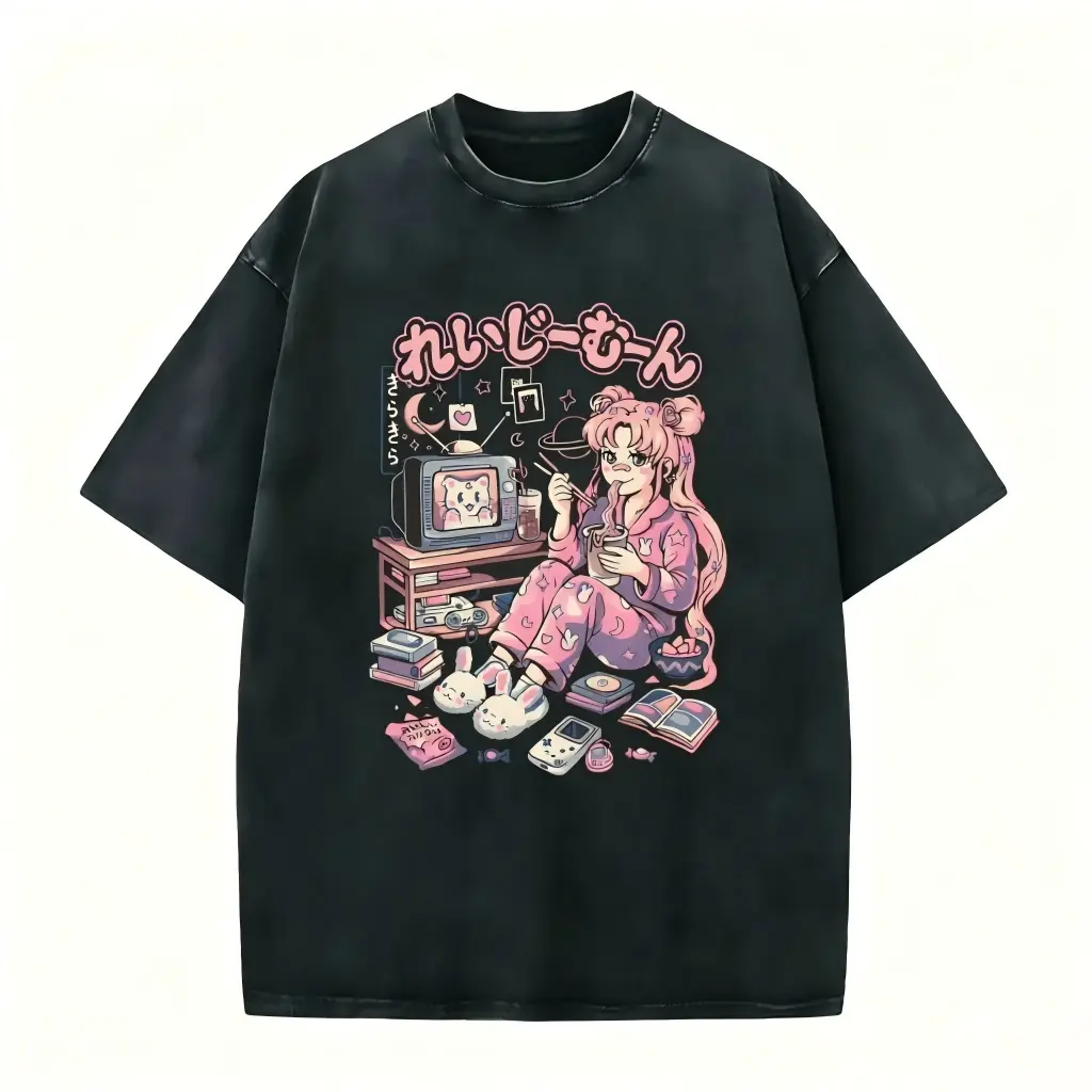 Cute Usagi Sailor Moon tee. Pink-haired girl in pajamas eating ramen with retro TV on washed black cotton. Perfect for 90s anime & cozy aesthetic lovers. Unique washed fabric—shop before it’s gone! summer outfits #sailormoon #usagits