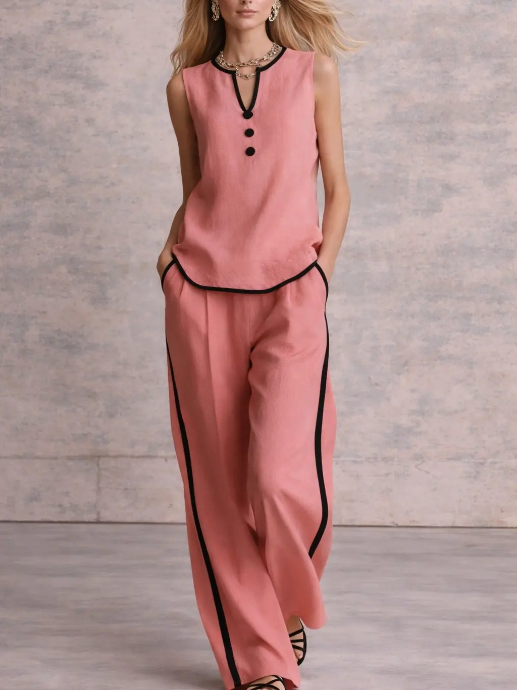 2 Piece Sets Women Linen Outfit – Sleeveless V Neck Top & Wide Leg Pants, Minimal Chic Contrast Trim Matching Set, Summer Vacation Outfit 2026