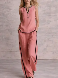 2 Piece Sets Women Linen Outfit – Sleeveless V Neck Top & Wide Leg Pants, Minimal Chic Contrast Trim Matching Set, Summer Vacation Outfit 2026