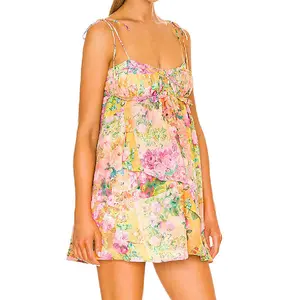 2025 Women's Fashion Elegant Floral Tie Short Ruffle Vacation Dress