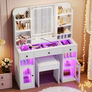 43.2" Makeup Vanity Desk Set with LED Mirror and Lights, Vanity Desk with Glass Tabletop and 3 Drawers, 6 Shelves & 2 Cabinets, Built-in Charging Station and Stool, White