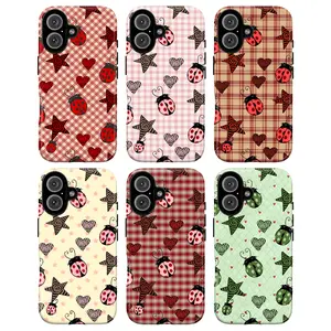 Ladybug Hearts Gingham Phone Case Set, Red Pink Green Bugs Spiral Stars Plaid Pastel Backgrounds With Sweet Garden Vibes, Play Now Aesthetic Gift, iPhone 17 16 15 14 13 12 11 Pro Max Plus, Samsung Galaxy S25 S24 S23 S22 S21 Ultra