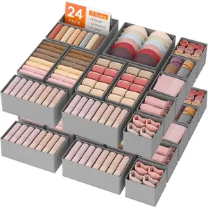 Drawer Organizer Clothes for Closet 24 Pack, 3 Sizes Underwear Wardrobe Drawer Dividers, Fabric Foldable Dresser Storage Organizer Bins for Sock, Bra, Lingerie, Undies, Grey