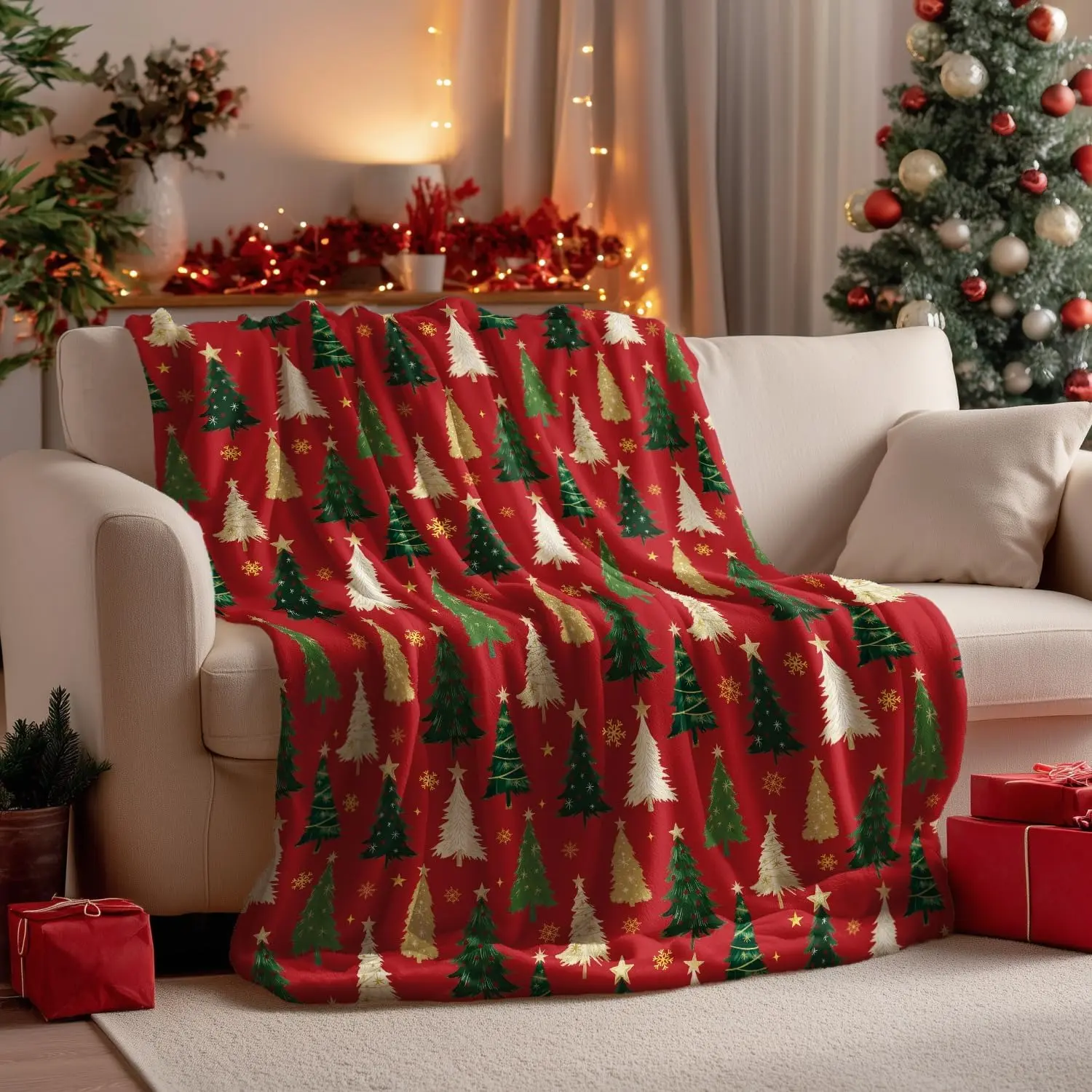 Christmas Flannel Throw Blanket - Red Tree Design, Soft Fuzzy Plush Fleece, for Couch/Sofa, Ideal Gift for Adults, 50x60in