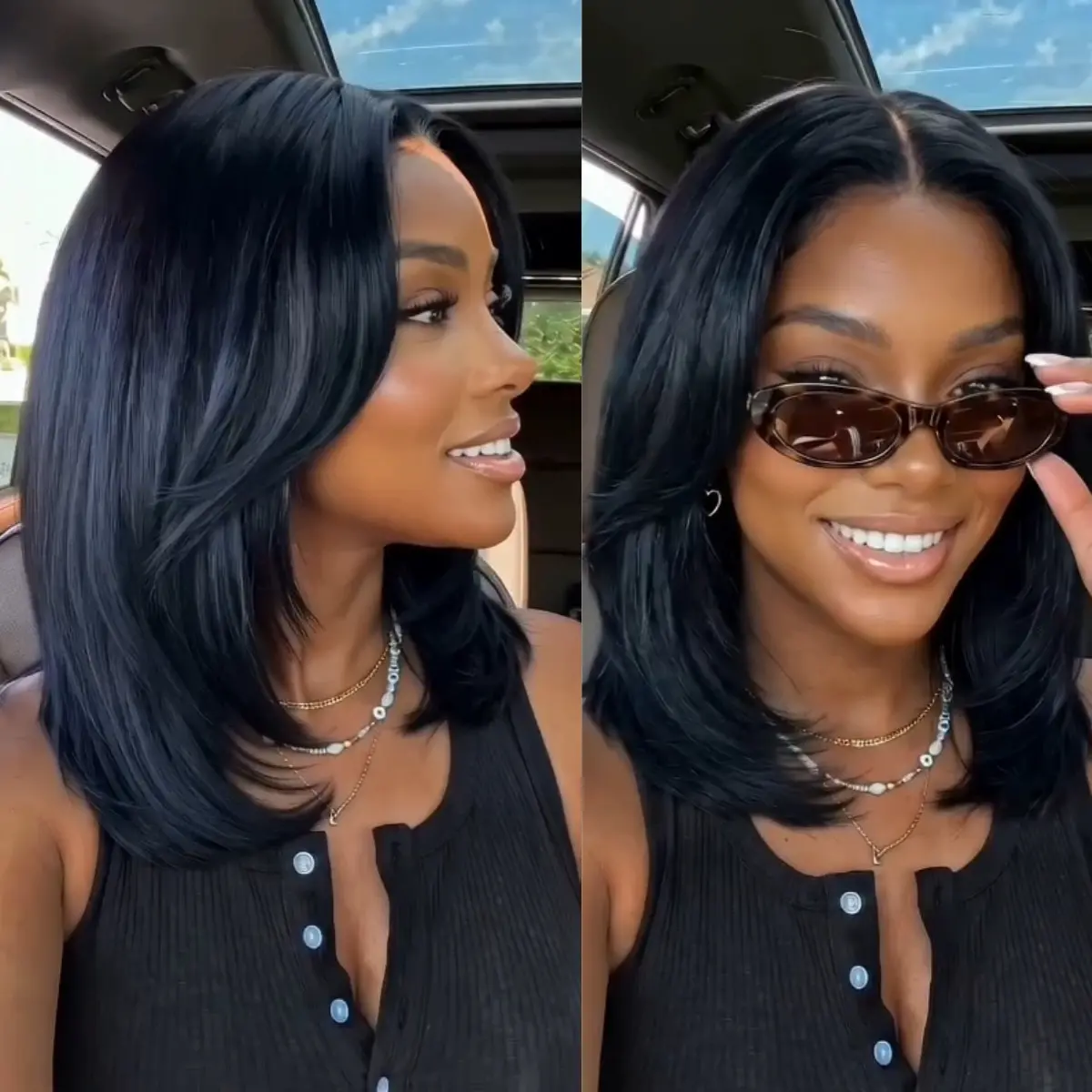 UNICE Blowout Layered Cut Bob Wig with Curtain Bangs for Women, Shoulder Length Natural Looking Wig in a Natural Color, Natural Looking Wigs