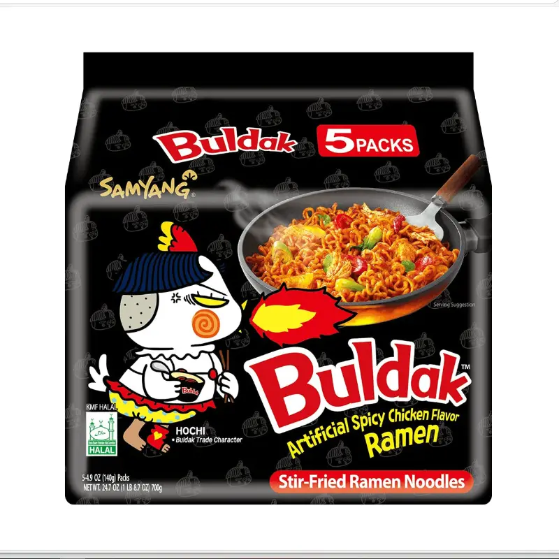 Samyang Korean Spicy Buldak Chili Flavor Stir-Fry Noodles 5-Pack 700g, Wheat Flour Ambient Bagged Instant Ramen Noodles, Versatile Food Option for Family Gatherings