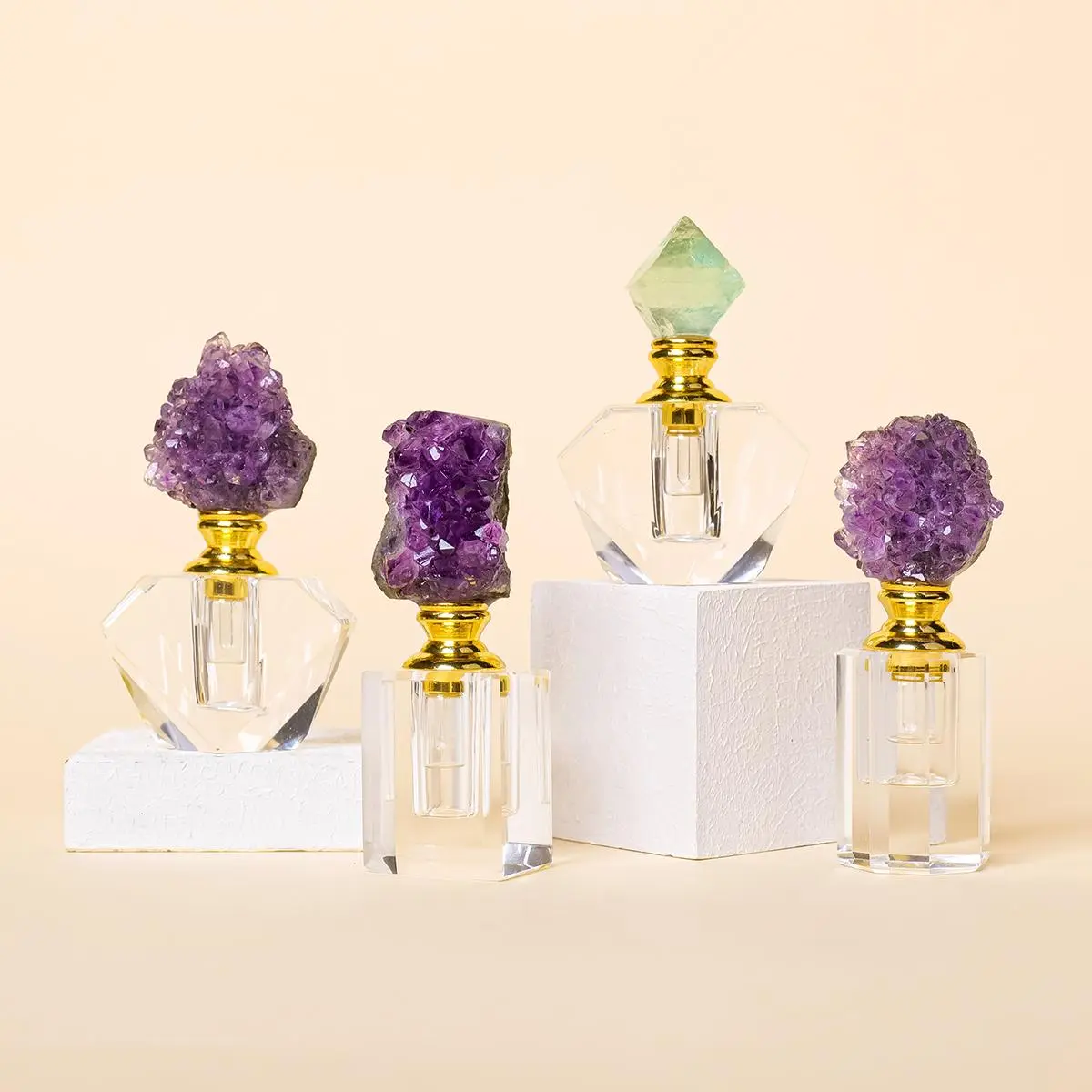 Natural Crystal Gem Amethyst Cluster, Healing Stone Essential Oil Bottle, Empty Refillable Perfume Dropper Bottle, Home Decor, Unique Crystal Design, Organiser, Unique Crystals
