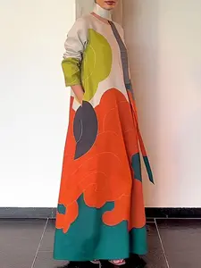 Women's New Casual Long Sleeve Loose Printed Round Neck Extra Long Dress, Elegant Ladies Fashion Clothing for Daily Wear, Classy Modest Dresses, Modest Style Dress
