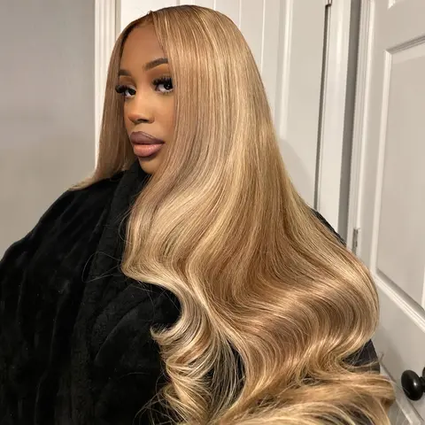 Honey Blonde Highlight Bangs Body Wave 13x4 Lace Front Wigs Human Hair Pre-Cut Lace Wig Pre Plucked 4x4 Closure Brazilian Hair Wig with Natural Hairline for Women