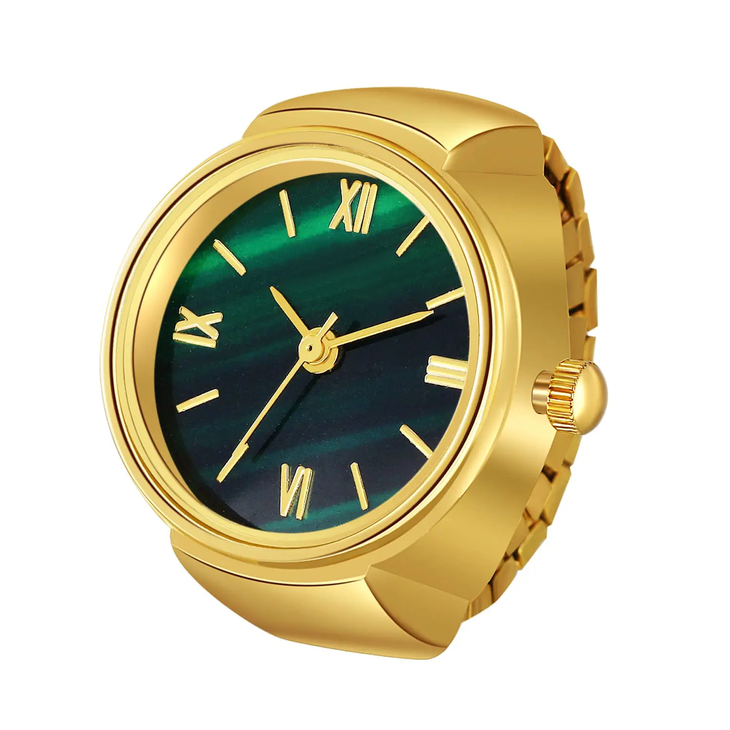 Gold-Tone Novelty Ring Watch with Green Roman Numeral Dial for Women & Men, Water Resistant Analog Quartz Movement with Adjustable Elastic Band, Quartz Wrist Watches, Fashionable Stylish Watch