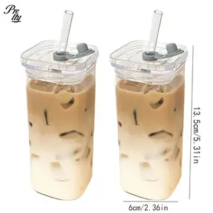 Square Heat Resistant Glass Coffee Cup with Lid and Straw Durable Transparent Milk Tea Juice Mug Gifts for Her Y2K Funky Cozy Ideas Home Bar Drinkware 1 Piece