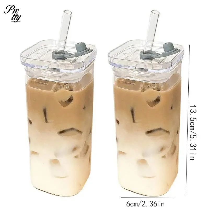 Square Heat Resistant Glass Coffee Cup with Lid and Straw Durable Transparent Milk Tea Juice Mug Gifts for Her Y2K Funky Cozy Ideas Home Bar Drinkware 1 Piece