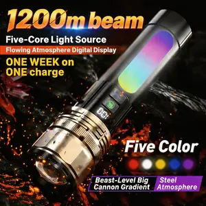 Laser Flashlight,1200m Beam,1 week on 1 charge,Five colors,High Power Outdoor Multifunctional Tactical Flashlight, Focus Adjustable, Waterproof, USB Rechargeable, Lighter Function, RGB Flow Atmosphere Light, with Stand & Strap