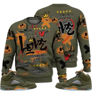 5 Olive Ugly Sweater, Olive 5s Shirt, Happy Love Beats Graffiti Outfits Streetwear Sneaker Matching Fabric Menswear