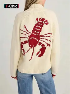 Women's Lobster Pattern Button Front Longsleeves Sweater Cardigan, Lady Casual Long Sleeve Jumper for Fall & Winter, Women's Knitwear for Daily Wear, Casual Chic Knitwear, Knitted Tops, Knit Sweater Clothing, Womenswear