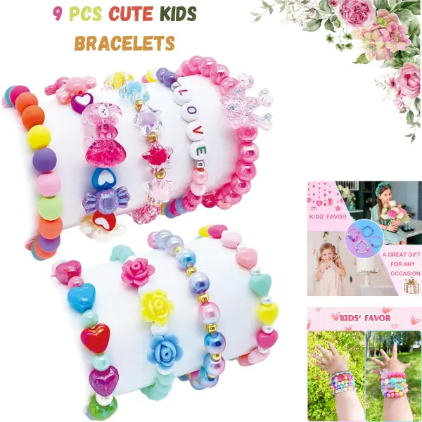 9PCS Girls Beaded Bracelet Set, Cute Pink Princess Bracelets for Kids & Toddlers, Dress Up Jewelry, Pretend Play Accessories, Birthday Party Favors, Easter, Christmas & Valentine's Gifts