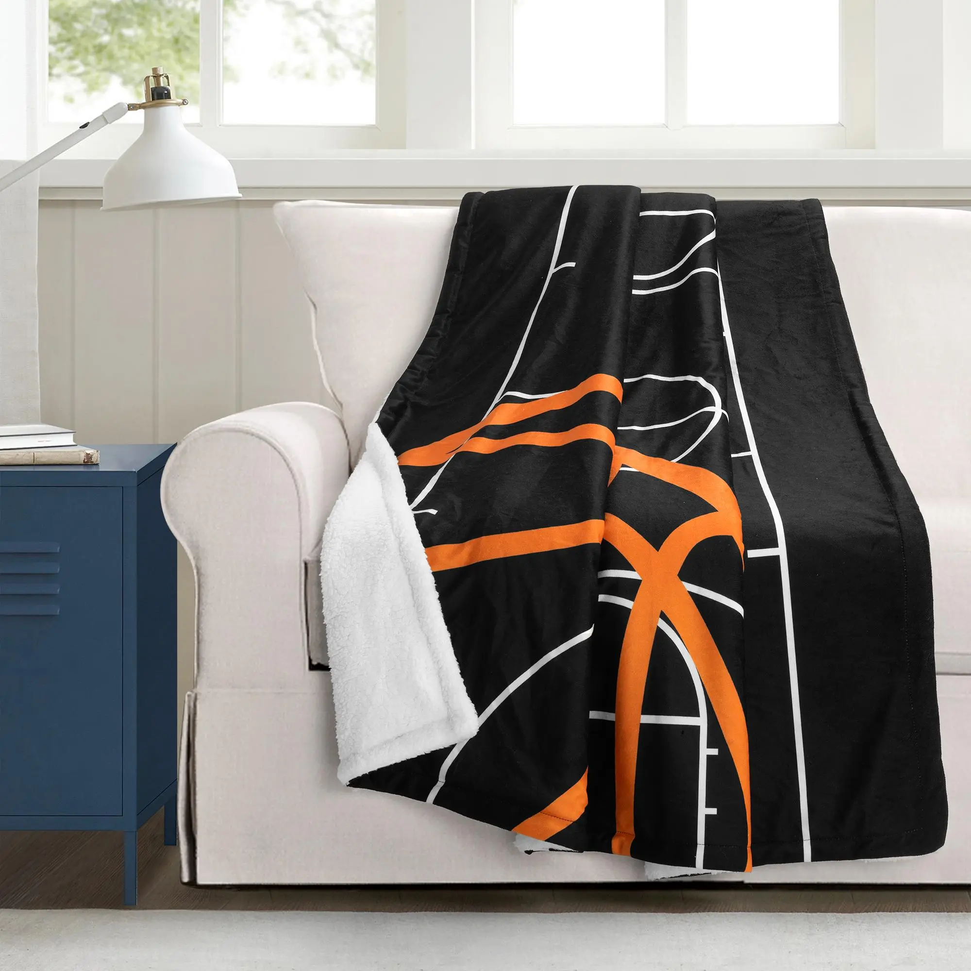 Lush Decor Basketball Game Sherpa Home Decor Blanket - Black/Orange, Soft Throw Blanket, Single, 50x60 in