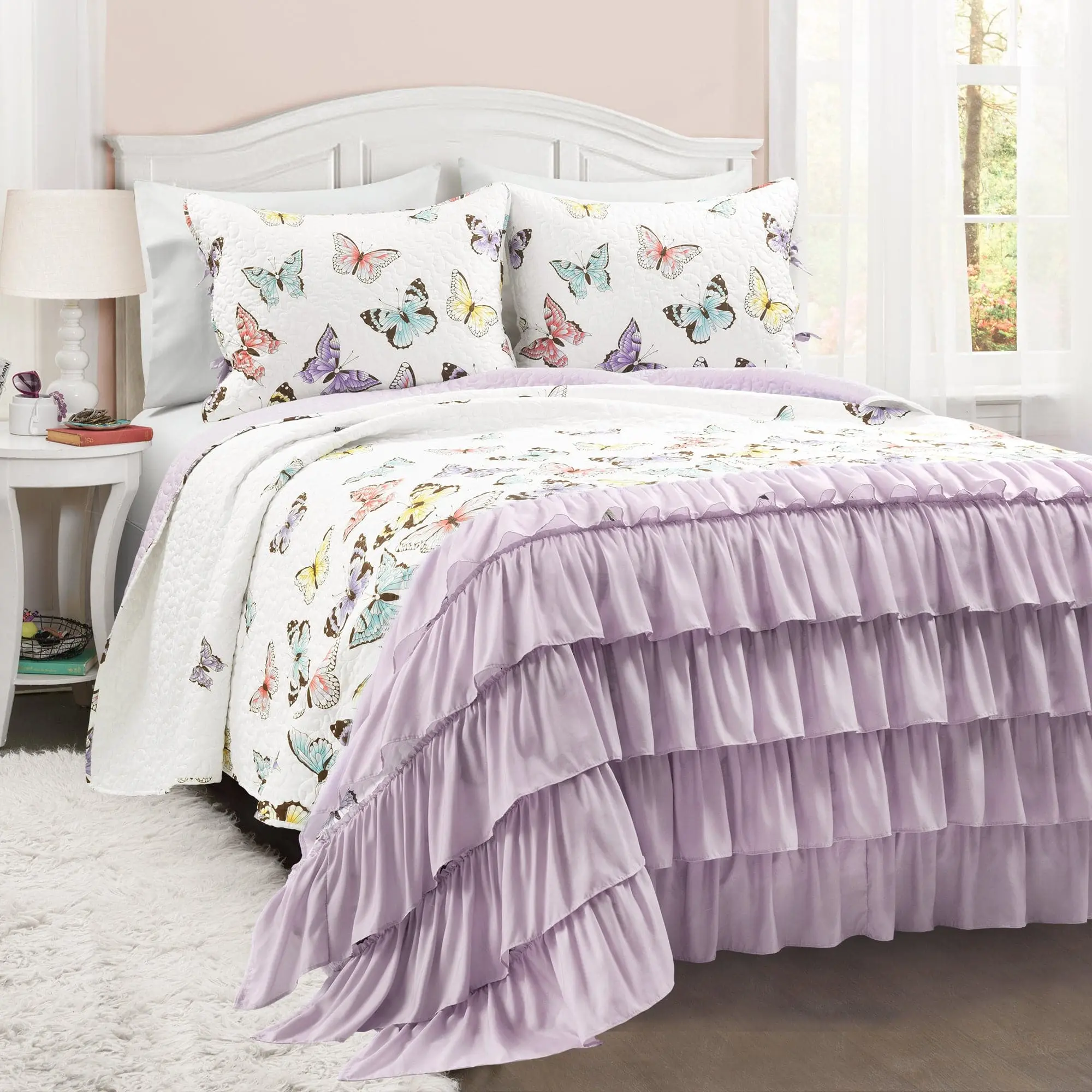 Lush Decor Flutter Butterfly Quilted Bedspread Set, 2-3 Piece Twin/Full/Queen Aesthetic Quilts, 100% Polyester Printed Ruffles, 200 GSM, Machine Washable, Soft Layers