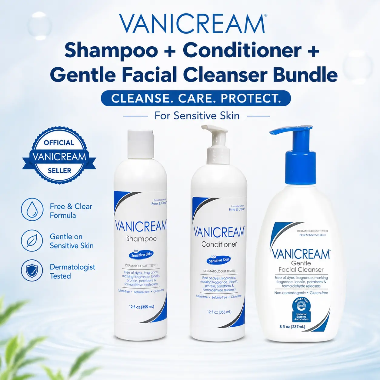 Vanicream Sensitive Skin Complete Care Bundle | Shampoo + Conditioner + Facial Cleanser Gentle Daily