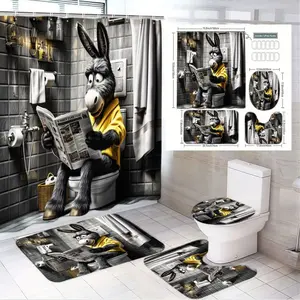 1/4pcs Whimsical Cartoon Donkey Bathroom Curtain Set - Yellow Shirt Donkey Reading Newspaper Shower Curtain Sets with Matching 4-Piece Bath Mats, Spring Easter & Daily Bathroom Decor, Bathroom Decoration Accessories
