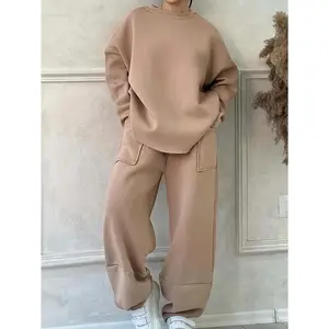 Women's Plus Size Oversized Oversuit Set - Oversized Wide-Leg Jogger Pants & Oversized Sweater-Like Top (No Collar) - Brown/Beige Solid Color, Loose Fit Winter Warmth, Machine Washable Casual & Dressy Outfits