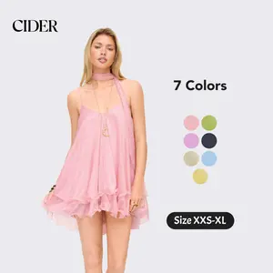 Cider Sequin Mini Dress – V-Neck Halter Ruffled Hem Tulle Glitter Sexy Glamorous Women's Party Clubbing Festival Gown, Oversized Loose Fit Dress with Scarf for Summer