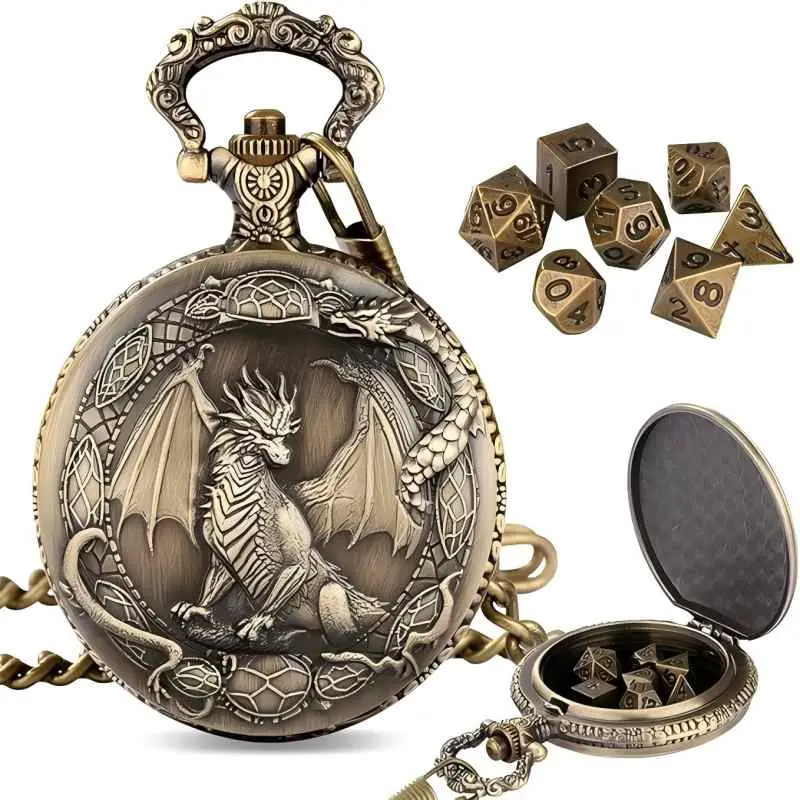 7Pcs Mini Dark Silver Metal DND Polyhedral Dice Set with Border Dragon Pattern, Steampunk Pocket Watch Shell Case, Pocket Chain - Unique Gifts for Father's Day, Graduations, Role Playing Board Game Tabletop Accessories
