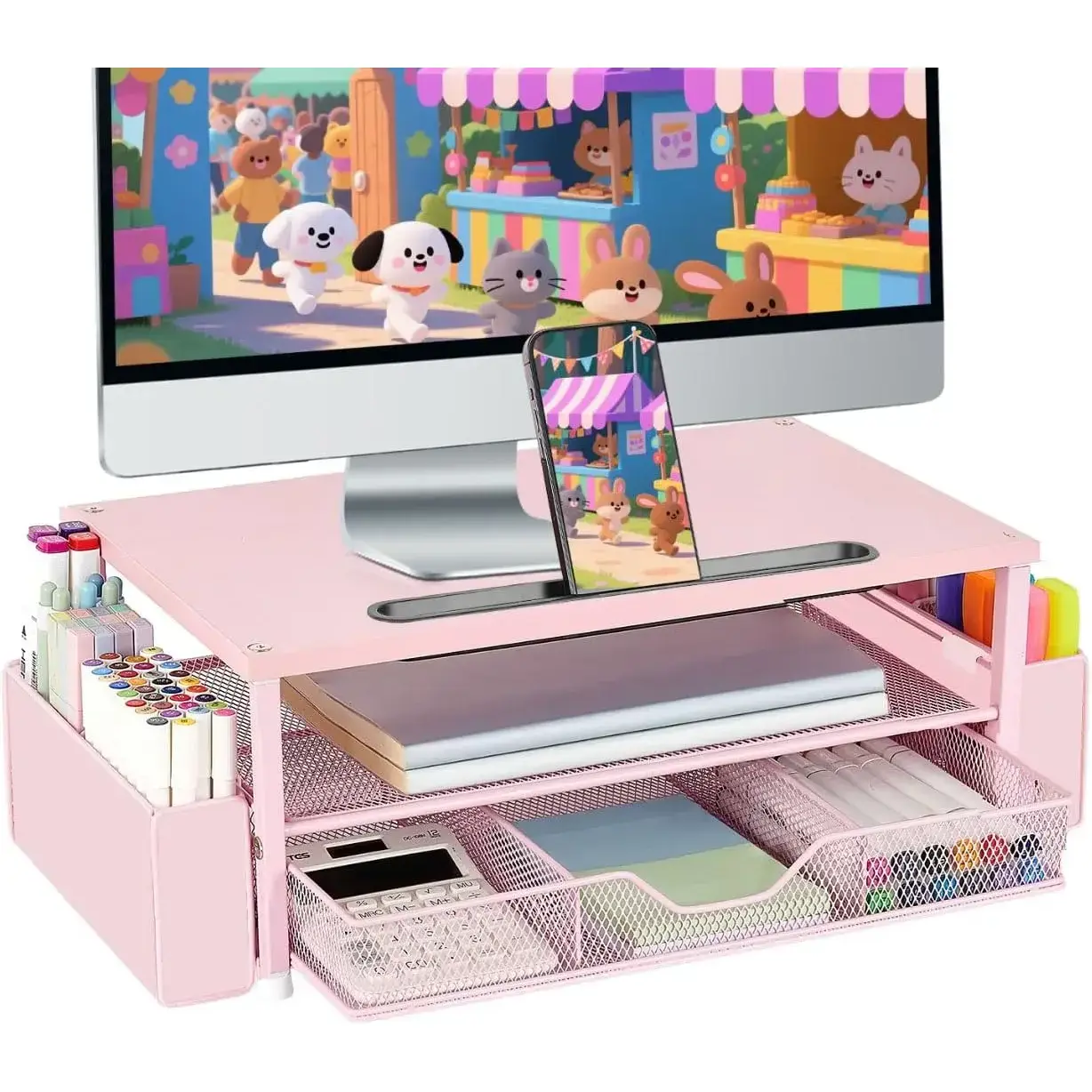 Pink Desk Organizers and Accessories, 2-Tier Wood Computer Monitor Stand with Drawer, Pen Storage & Phone Holder, Office Desk Accessories, Workspace Desktop Organization for Office Supplies