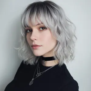 Silver Gray Wig with Bangs for Women 12 Inch Short Bob Wavy Curly Wig Gray Hair Wigs Heat Resistant Synthetic Wigs