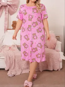 Women's Plus Size Casual Loose Bear Print Short Sleeve Long Dress, Comfortablepajamas Wear, Summer Fashion, Relaxed Fit, One Piece